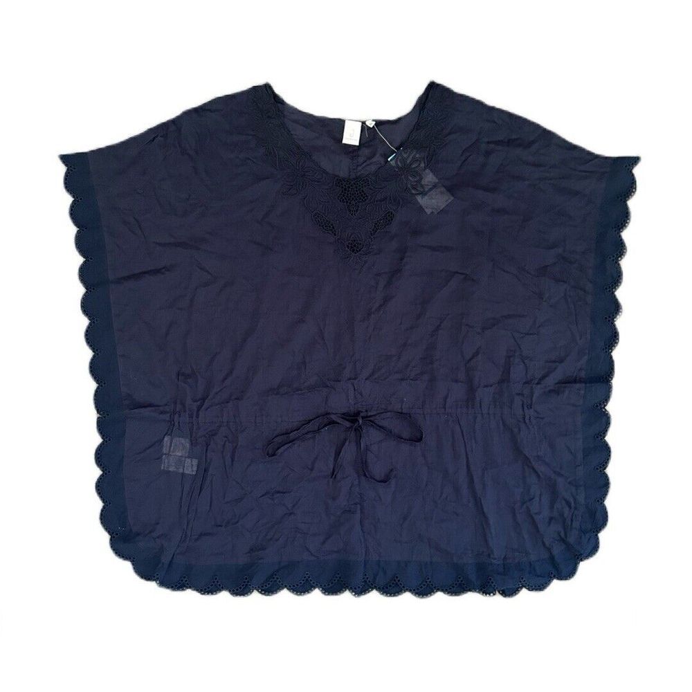 Jones New York Women's Embroidered Blouse Poncho Navy 100% Cotton‎ XL NWT